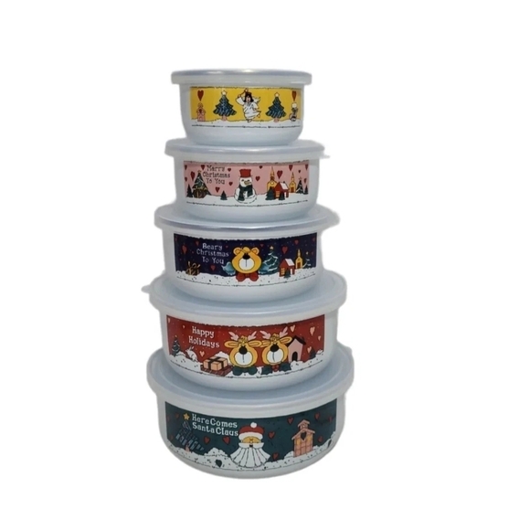 Other - Vintage 10pc Christmas Santa Enamel Metal Nesting Bowl Stacking Set w/Lids  New